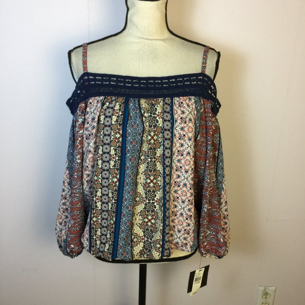 New! IZ Byer Blouse Top XL Striped Floral Cold Shoulder Elastic Waist Boho